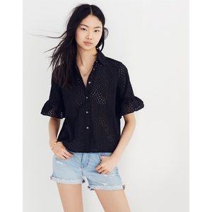 Adorable MADEWELL Eyelet Lace Bell Sleeve Shirt Black XXS